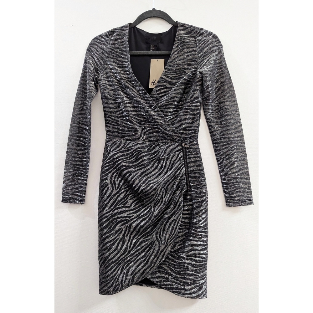 H&M Metallic Silver Zebra Print Wrap Mini Dress Women's Size XS